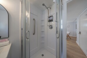 Shower, hair dryer - NEW 2nd Floor 2BR Apt. in Downtown SWH! [Moonwake] (Southwest Harbor)