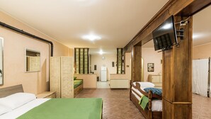 A hotel room with a bed, a small desk, a mirror, a television, and a bathroom with a shower. - Dimora Lucretili by Interhome (Tivoli)