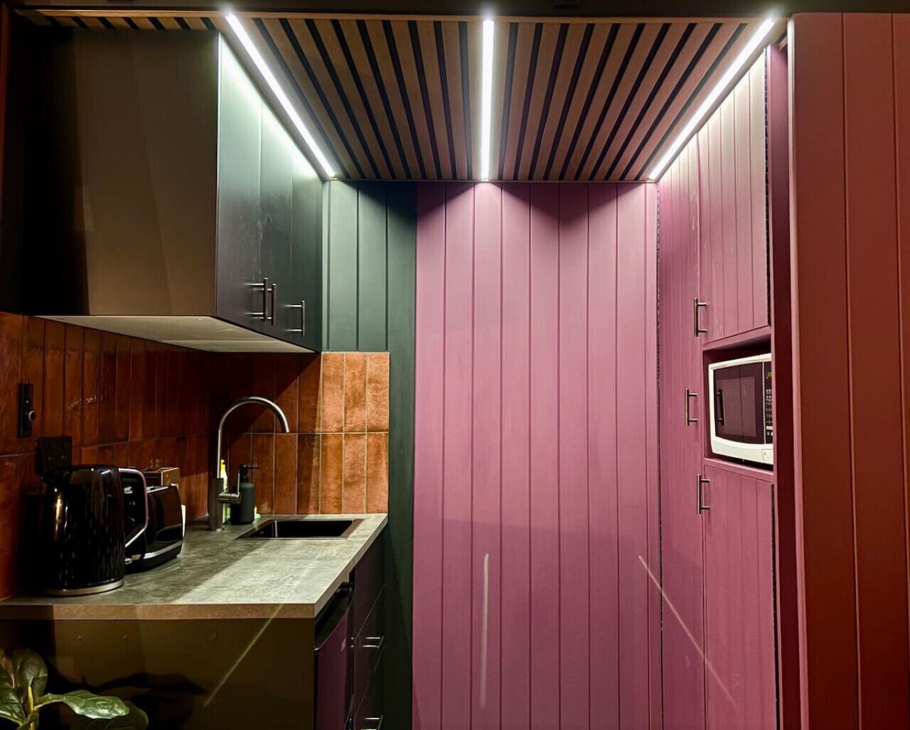 Fridge, microwave, electric kettle, toaster