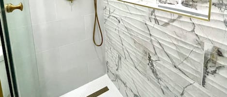 Shower, towels, soap, shampoo