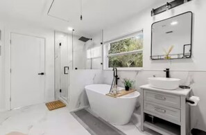Hair dryer, towels, soap, toilet paper