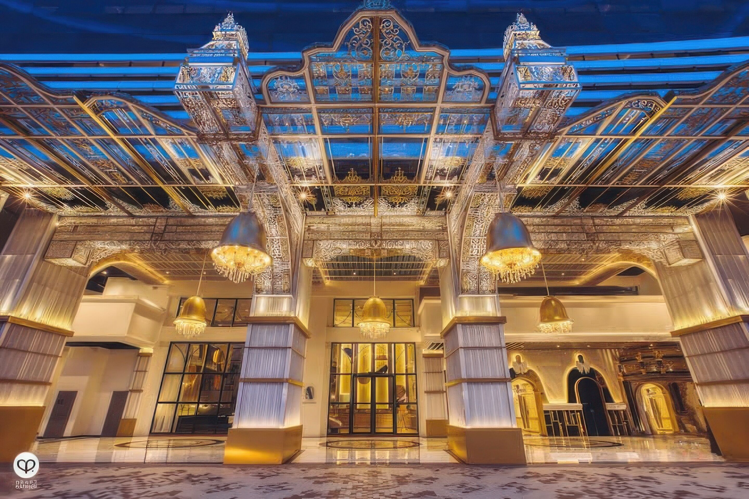 Imponente entrada de hotel con detalles arquitectónicos ornamentados, grandes candelabros y un amplio hall.