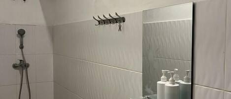 A bathroom with a white sink, a mirror, and a shower.