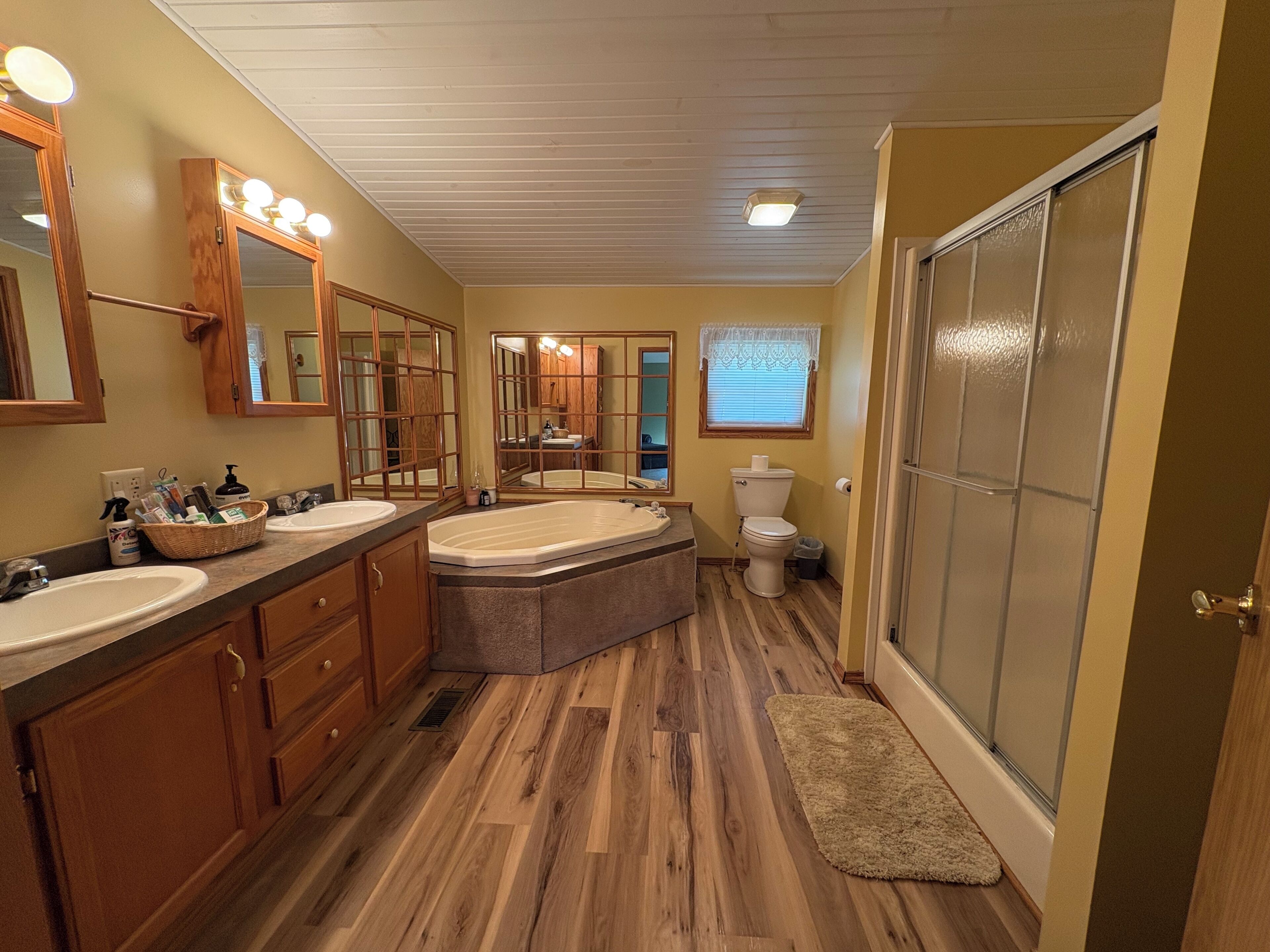 Hair dryer, towels, soap, shampoo