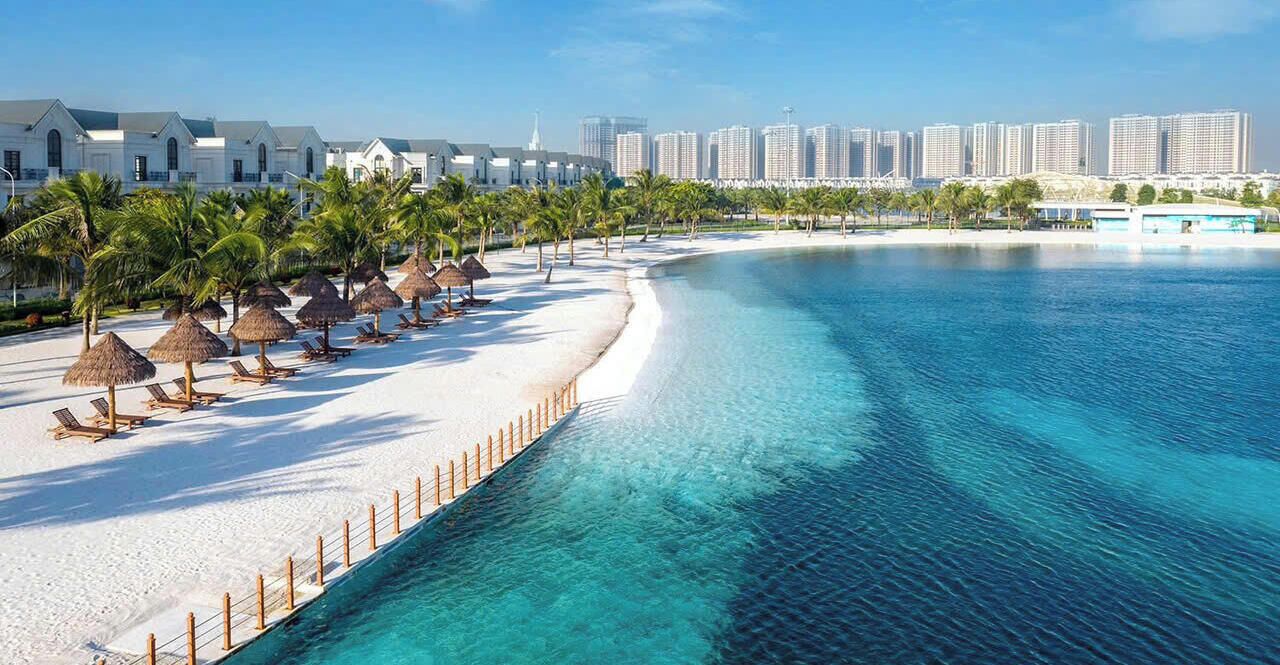 A beach resort with a white sandy shore, clear blue water, and a row of palm trees.