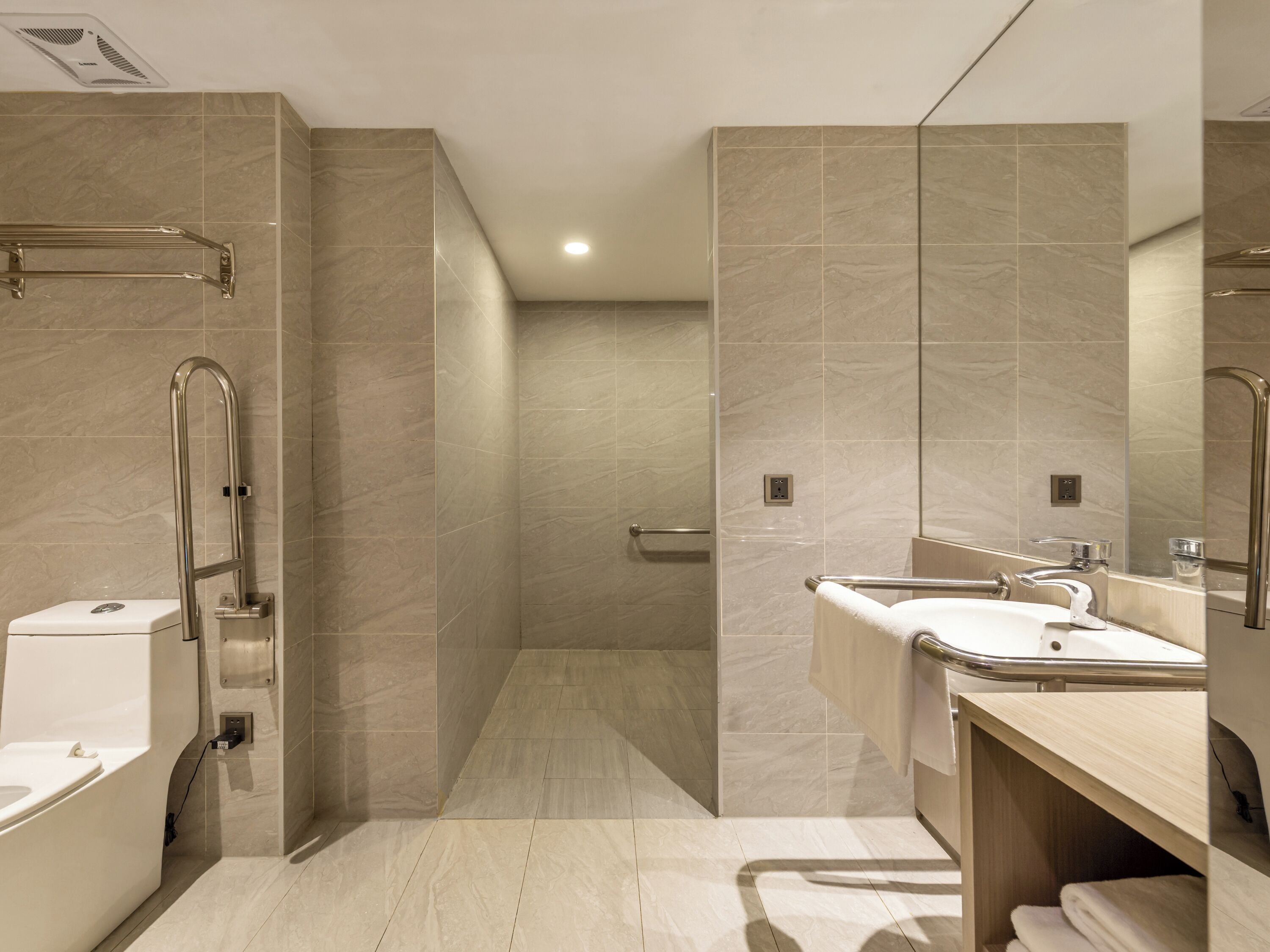 A modern bathroom with a walk-in shower, a toilet, and a sink.