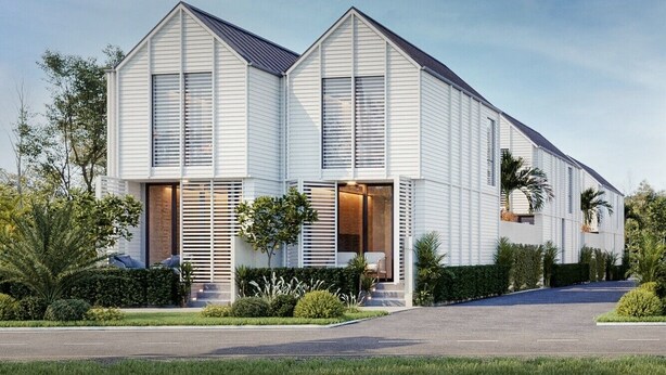 Una casa moderna su due piani con un design simmetrico, caratterizzata da un ingresso centrale con gradini e un'area porticata.