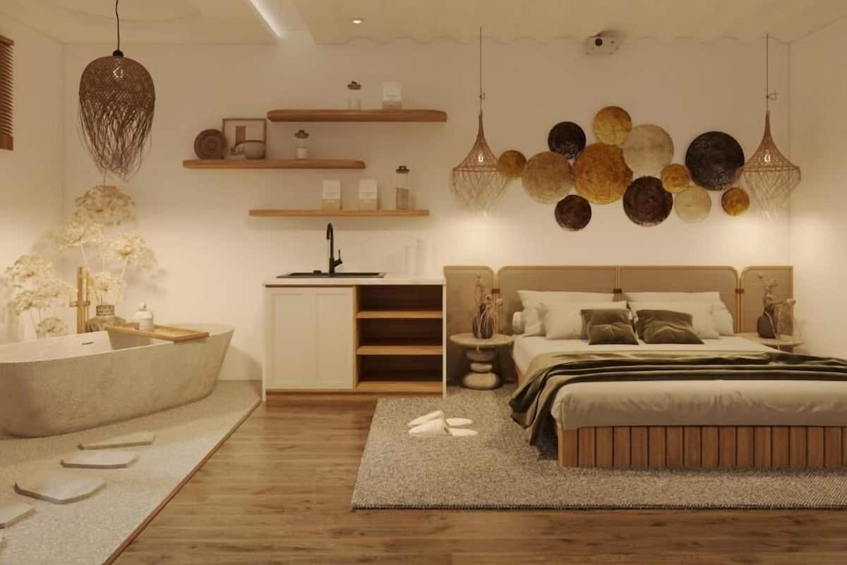 A modern bedroom with a large bed, bedside tables, a built-in shelf, and a unique wall decoration.