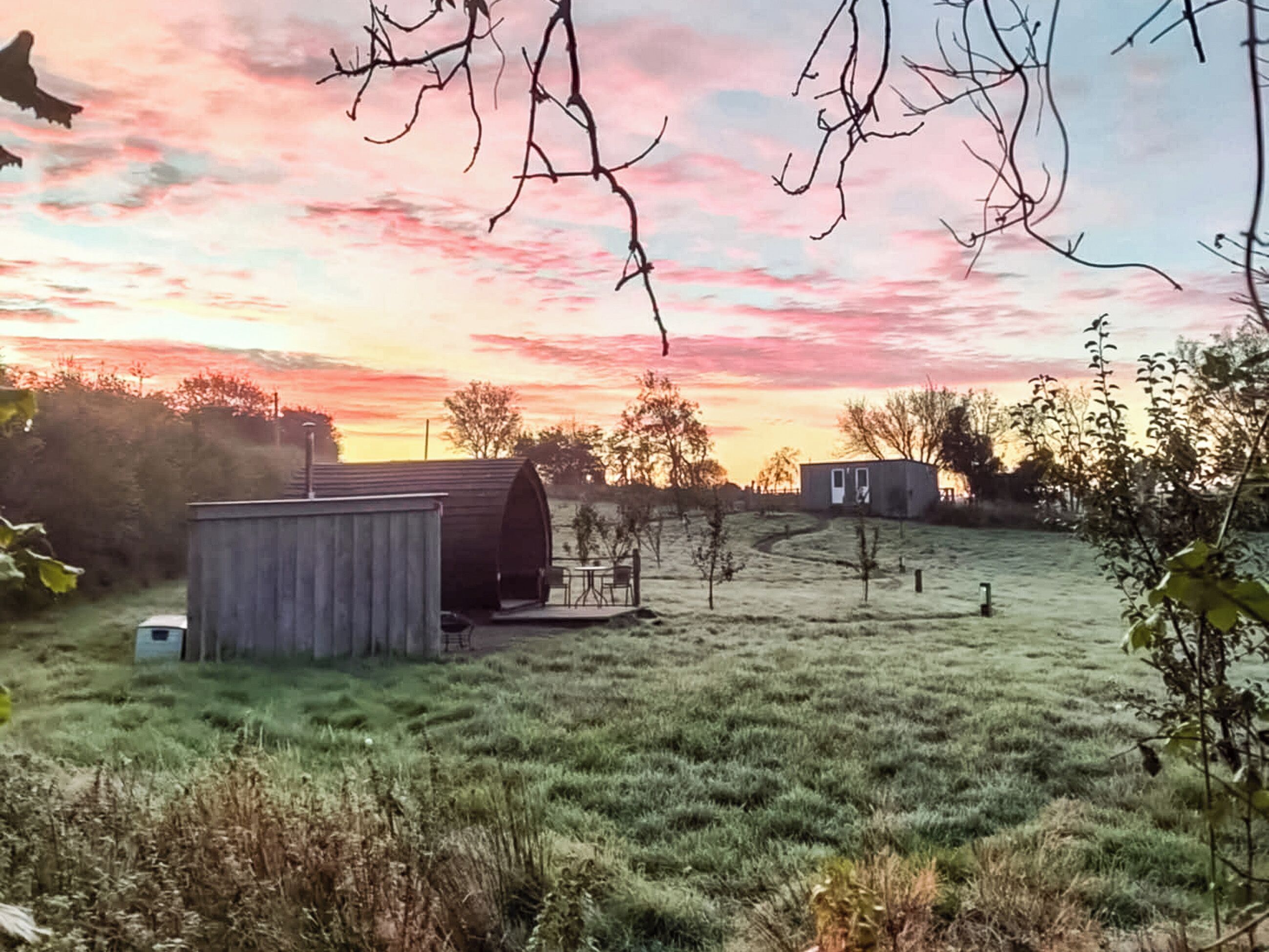 A rustic outdoor setting with a metal shed, a small cabin, and a grassy field.