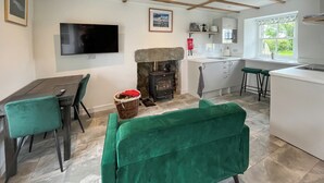 Une cuisine moderne avec une cheminée en pierre, un coin repas avec des chaises à revêtement vert, un téléviseur fixé au mur et une fenêtre donnant sur un paysage verdoyant.