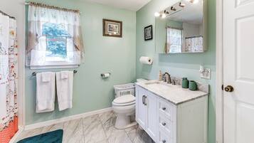 A bathroom with a toilet, sink, and shower curtain.