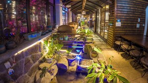 A restaurant with a long counter, potted plants, and a hanging light fixture. - Laoshan Swan Castle Vacation Garden B&B (Qingdao)