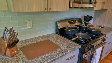 Microwave, toaster, dining tables