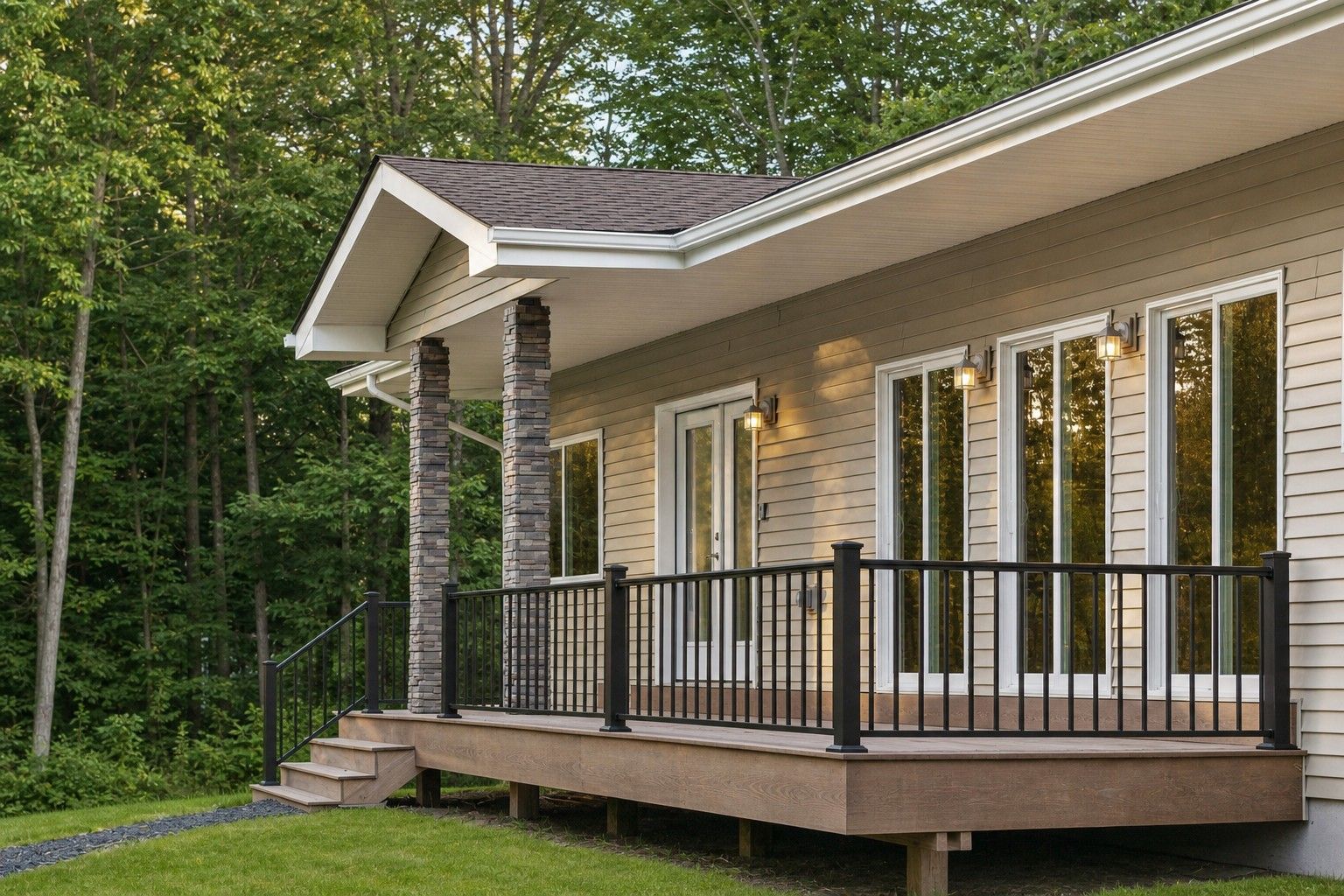 Ein Haus mit überdachter Veranda, Steinpfeilern und einem schwarzen Geländer.