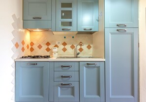 Fridge, microwave, cookware/dishes/utensils