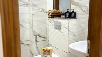 Shower, bidet, towels, soap