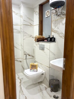 Shower, bidet, towels, soap
