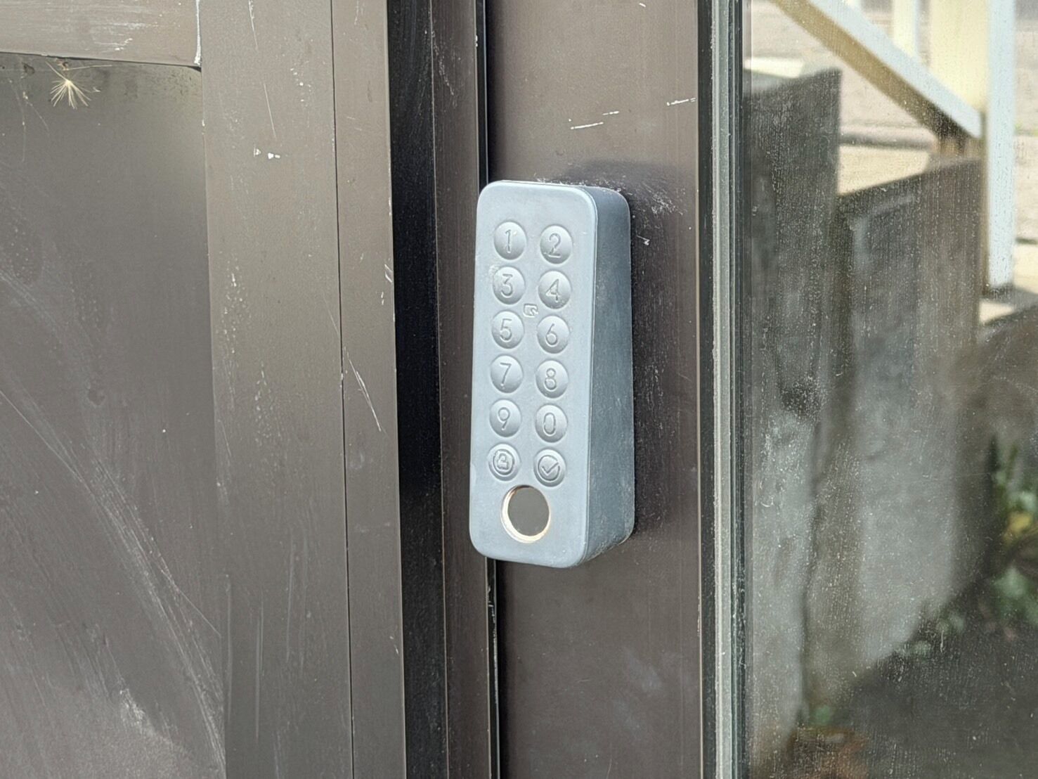 A door with a keypad lock.