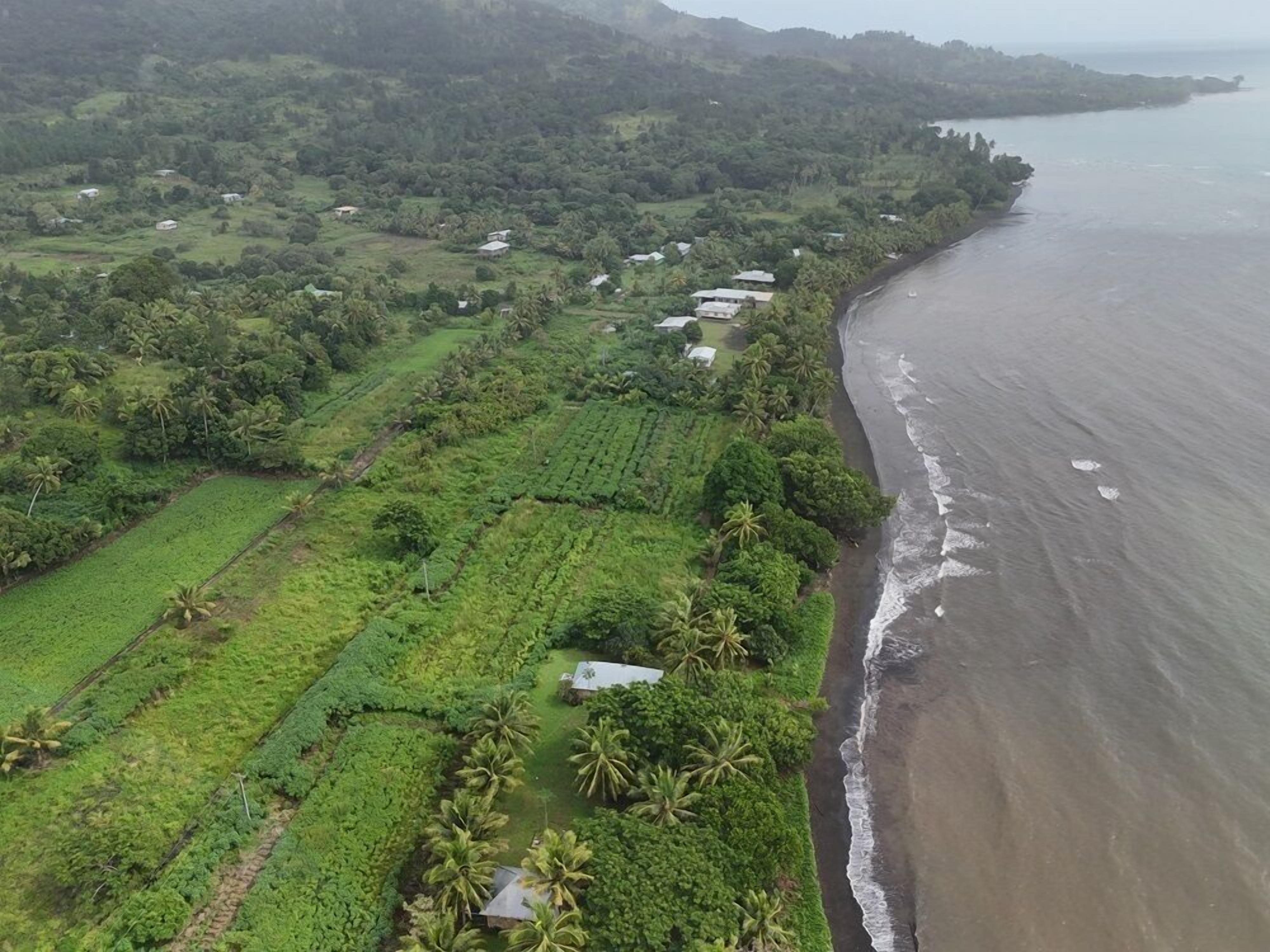 An aerial view of a coastal area with green fields, scattered houses, and a beach.