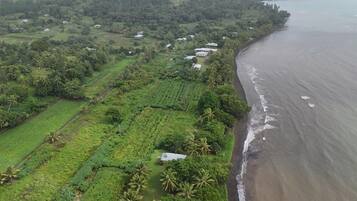 An aerial view of a coastal area with green fields, scattered houses, and a beach.