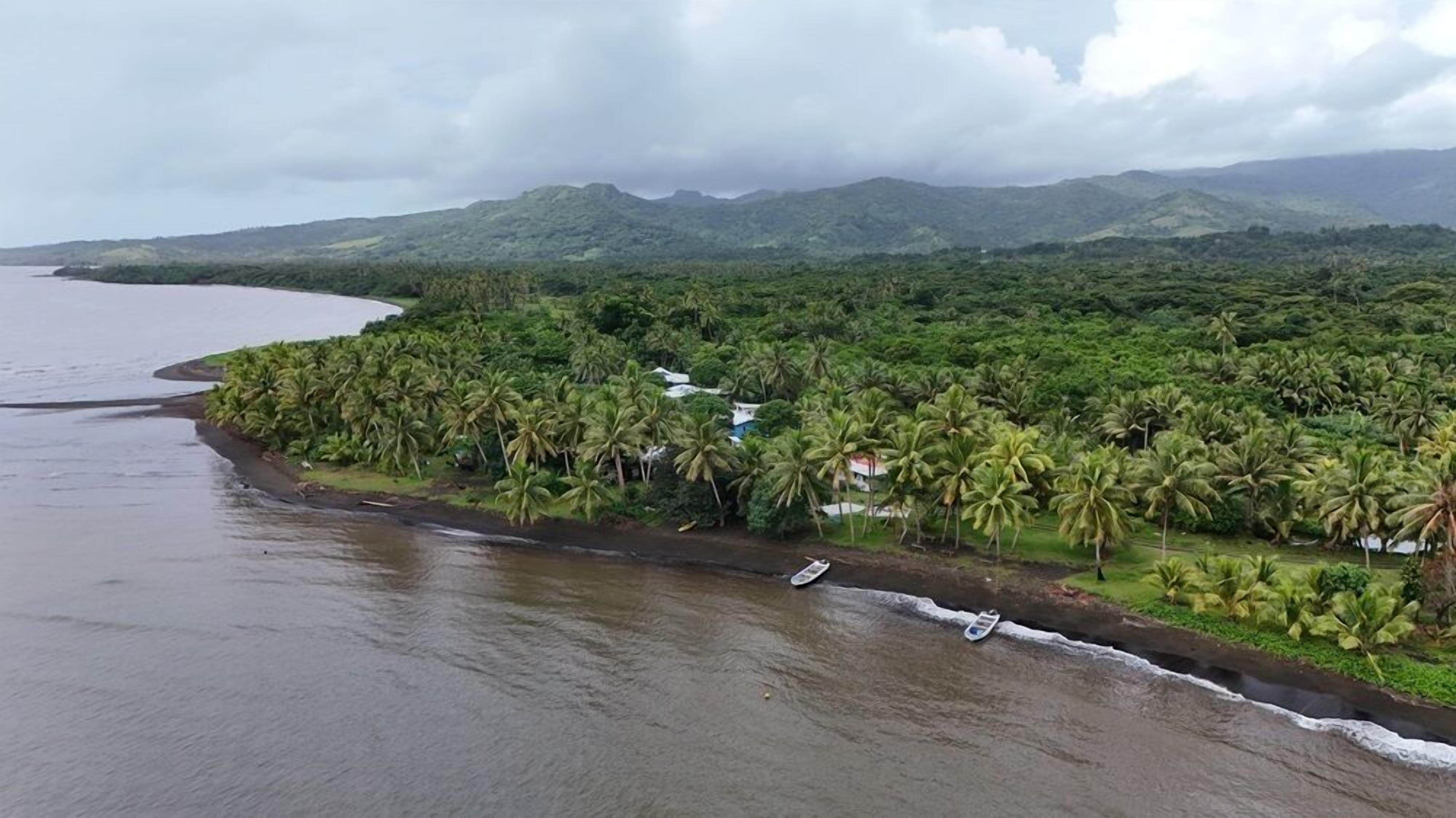 Eine Küstenlandschaft mit Strand, Palmen und einem Bergpanorama.