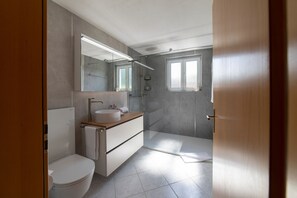 Shower, hair dryer, towels, toilet paper