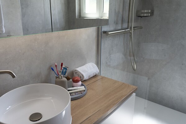 Shower, hair dryer, towels, toilet paper