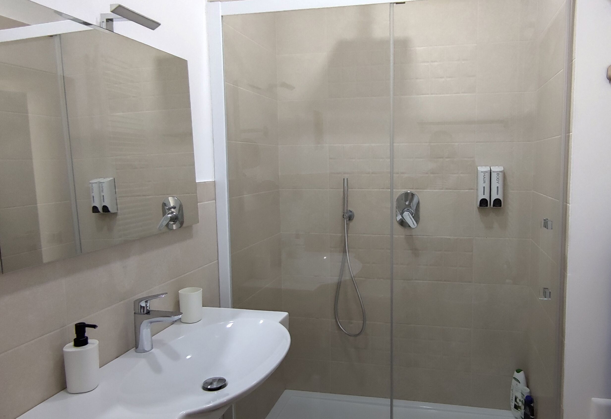 A modern bathroom with a glass-enclosed shower, a white sink with a soap dispenser, and a mirror above the sink.