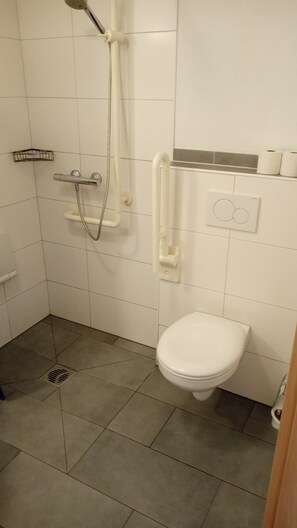 Hair dryer, towels, soap, toilet paper
