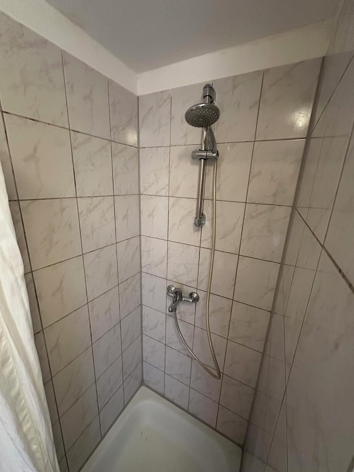 A shower with a handheld showerhead and a handheld hose.