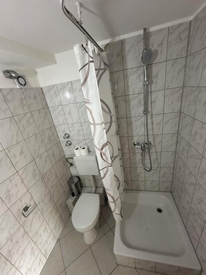 Un baño con ducha, inodoro y bidé.