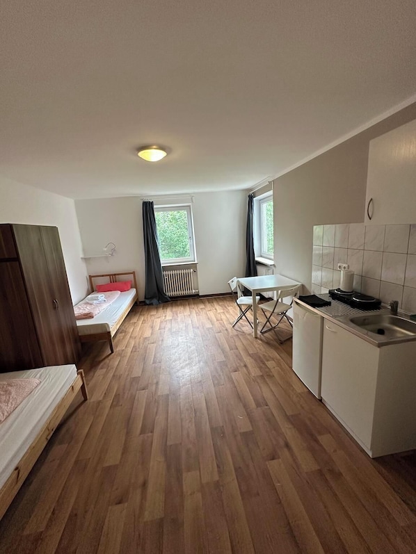 Twin Room | Private kitchen | Fridge, electric kettle, cleaning supplies