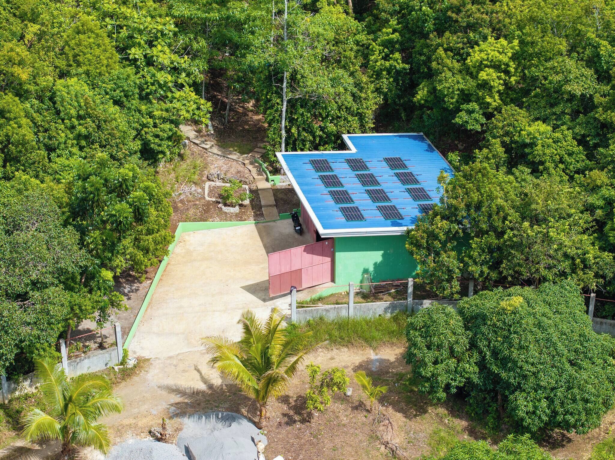 A building with a solar panel roof surrounded by dense green foliage.