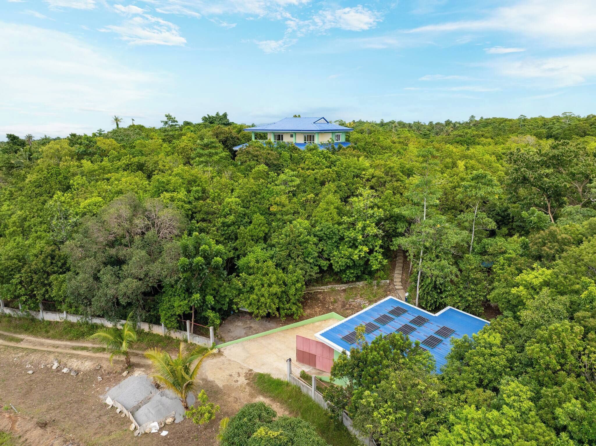 Une maison entourée d’une forêt dense, sous un ciel dégagé.