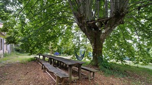 A picnic table under a large tree with benches, surrounded by a grassy area. - Domaine de La Contie – 17th-Century Chartreuse in the Heart of 20 Hectares of Nature (Issac)