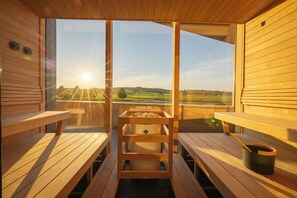 Een sauna met houten banken en een centrale verwarmingseenheid, met uitzicht op een landelijk gebied.