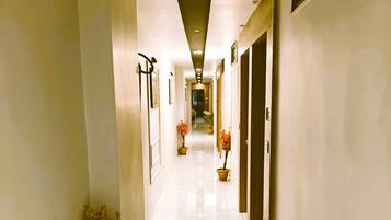 A hotel hallway with a polished floor, potted plants, and doors on either side.