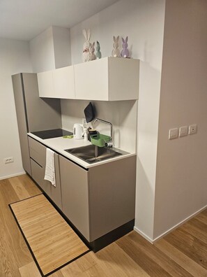 Fridge, stovetop, dishwasher, coffee/tea maker