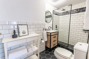Shower, hair dryer, towels