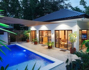 A modern house with a swimming pool, large glass doors, and potted plants.