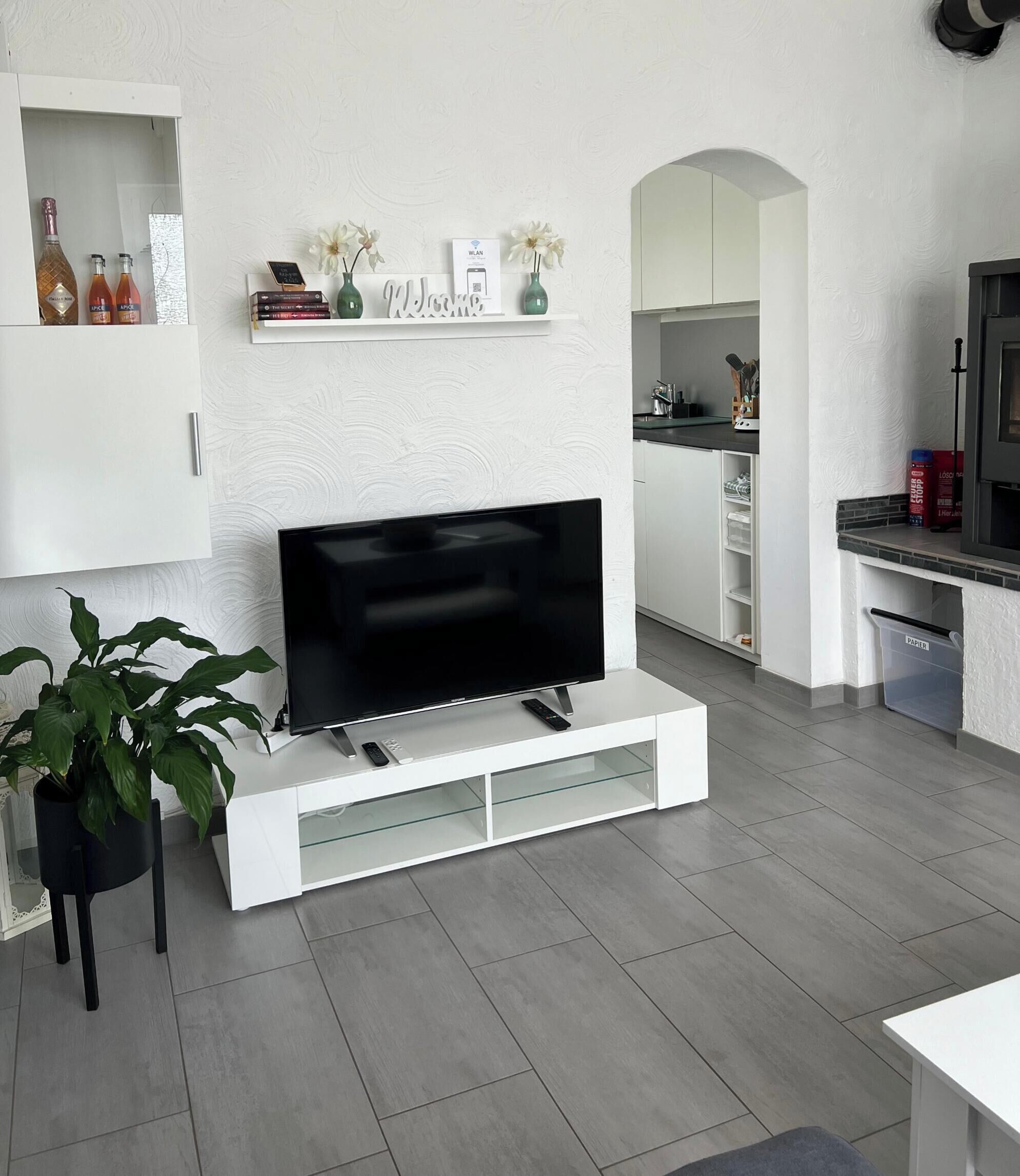 Fernseher, Kamin, Stereoanlage