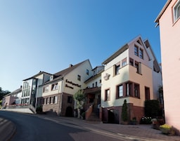 Una hilera de edificios europeos tradicionales con una mezcla de estilos arquitectónicos, incluyendo un edificio con un cartel que dice "Landgasthof Krone".