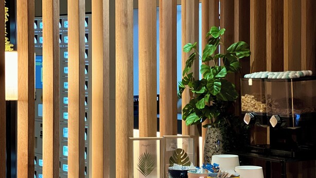 A modern kitchen with wooden slats, a potted plant, and a coffee station. - Casa Incanto Hotel in Gumi (Gumi)