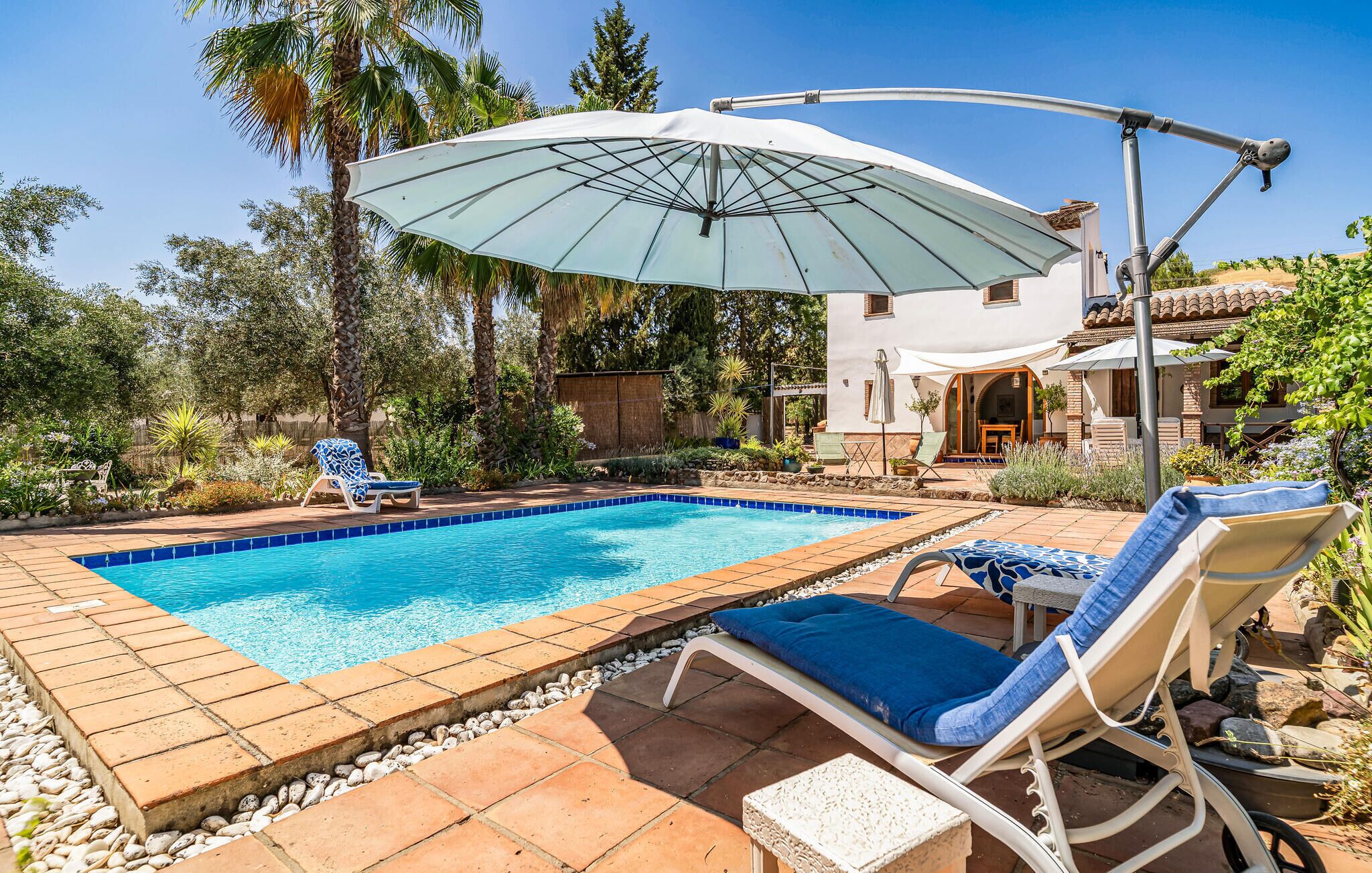 A swimming pool with tiled edges, surrounded by lounge chairs and an umbrella.
