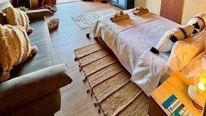 Ett rum med en säng, en soffa, en tv och en garderob.