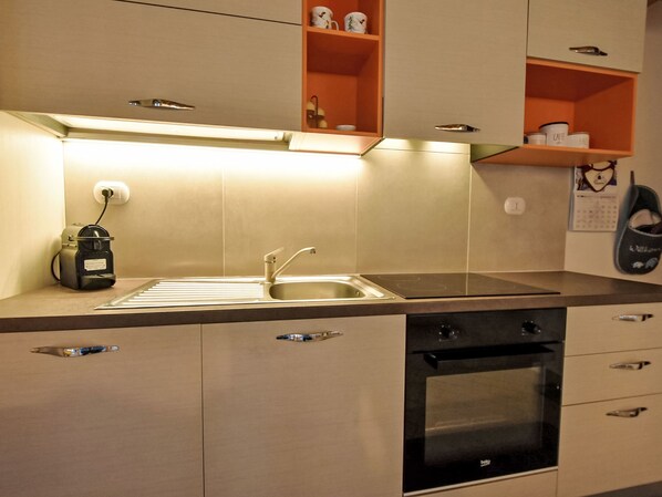 Fridge, microwave, oven, cookware/dishes/utensils
