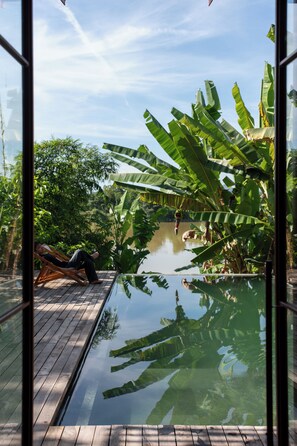A glass-enclosed pool with a wooden deck, surrounded by lush greenery and banana plants. - Scarlet Pavilion Homestay (Hue)