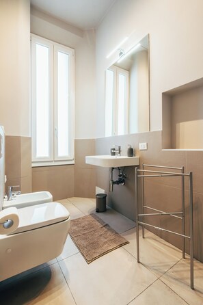 Shower, hair dryer, bidet, towels