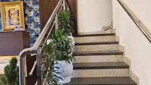 Un escalier avec des rampes en métal, des plantes en pot, une horloge et un extincteur fixés au mur.