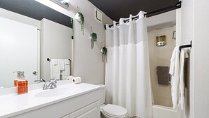 Shower, hair dryer, shampoo